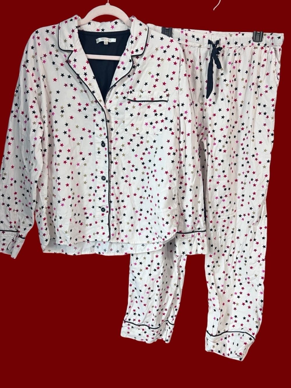 Z Supply Pajama Set L White Star Print Cotton Button Front Pockets Long Sleeve